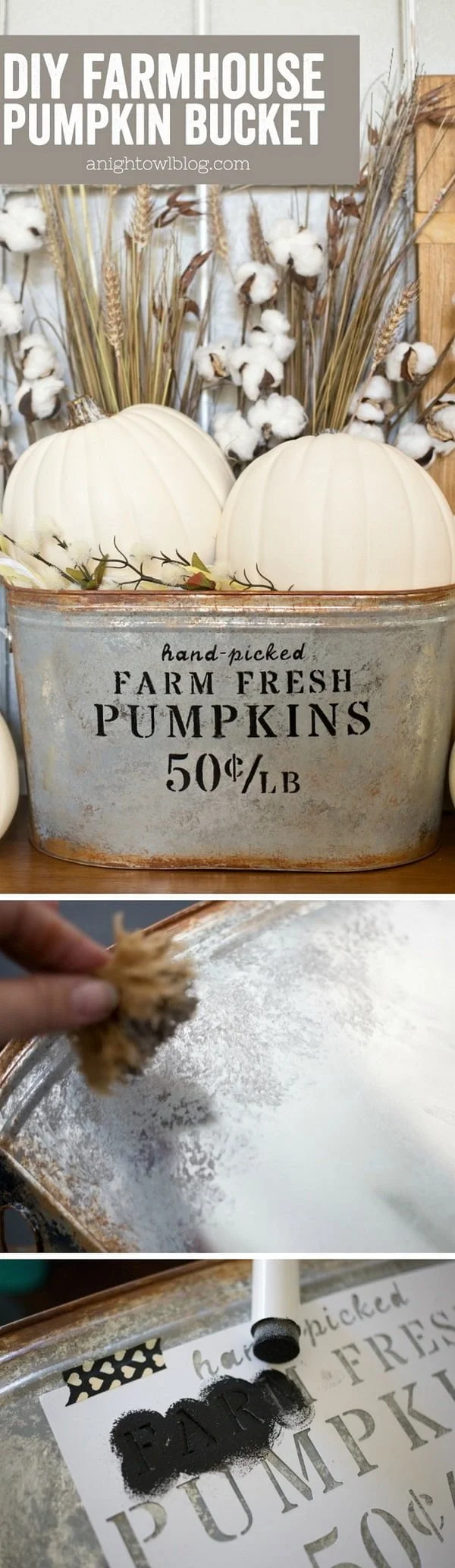 Check out the tutorial on how to make a DIY farmhouse pumpkin bucket for fall decor