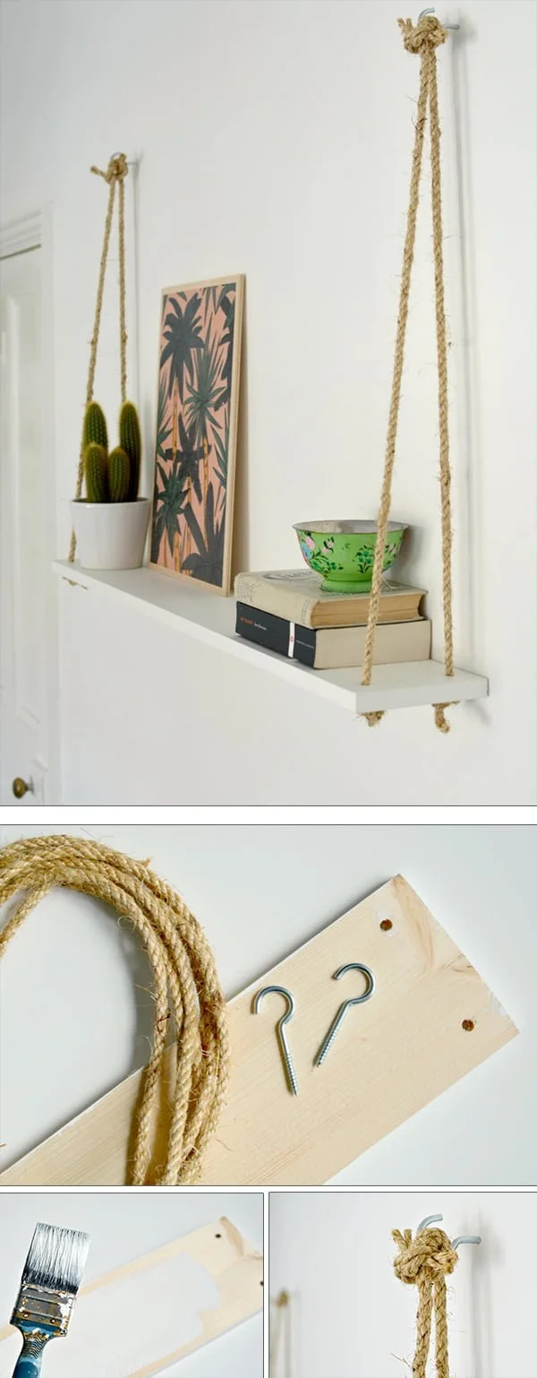 Check out the tutorial how to make DIY hanging rope shelving