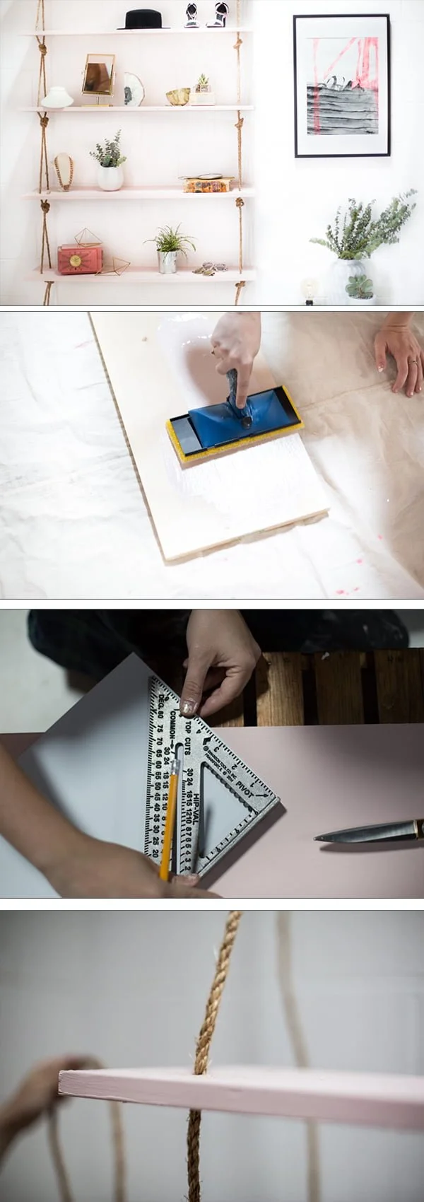 Check out the tutorial how to make a simple DIY hanging rope shelf