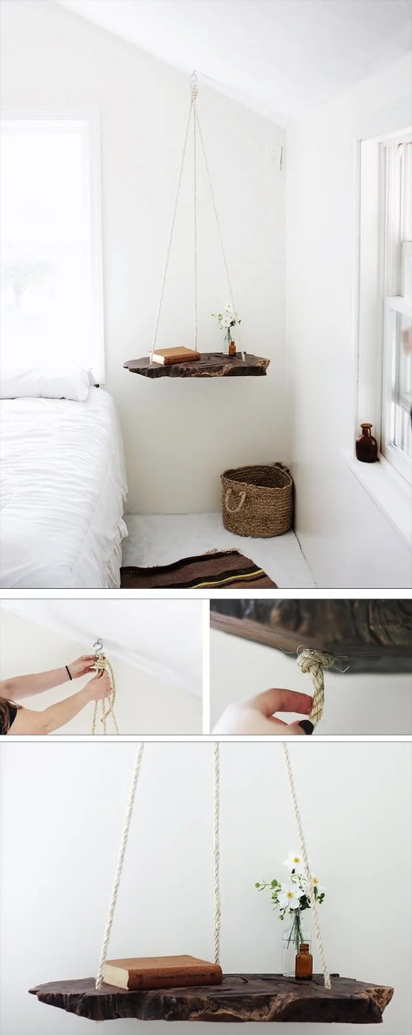 Check out the tutorial how to make a DIY hanging walnut wood table