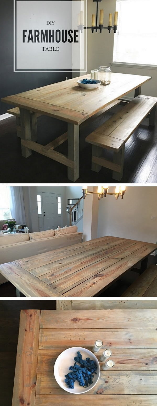Check out the tutorial how to build a DIY weathered oak farmhouse dining table 