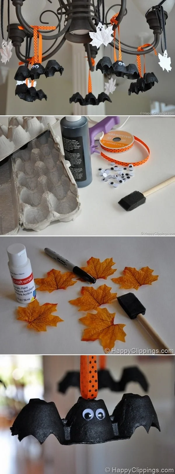 Check out the tutorial on how to make DIY egg cartoon bats and leaf ghosts for Halloween home decoration