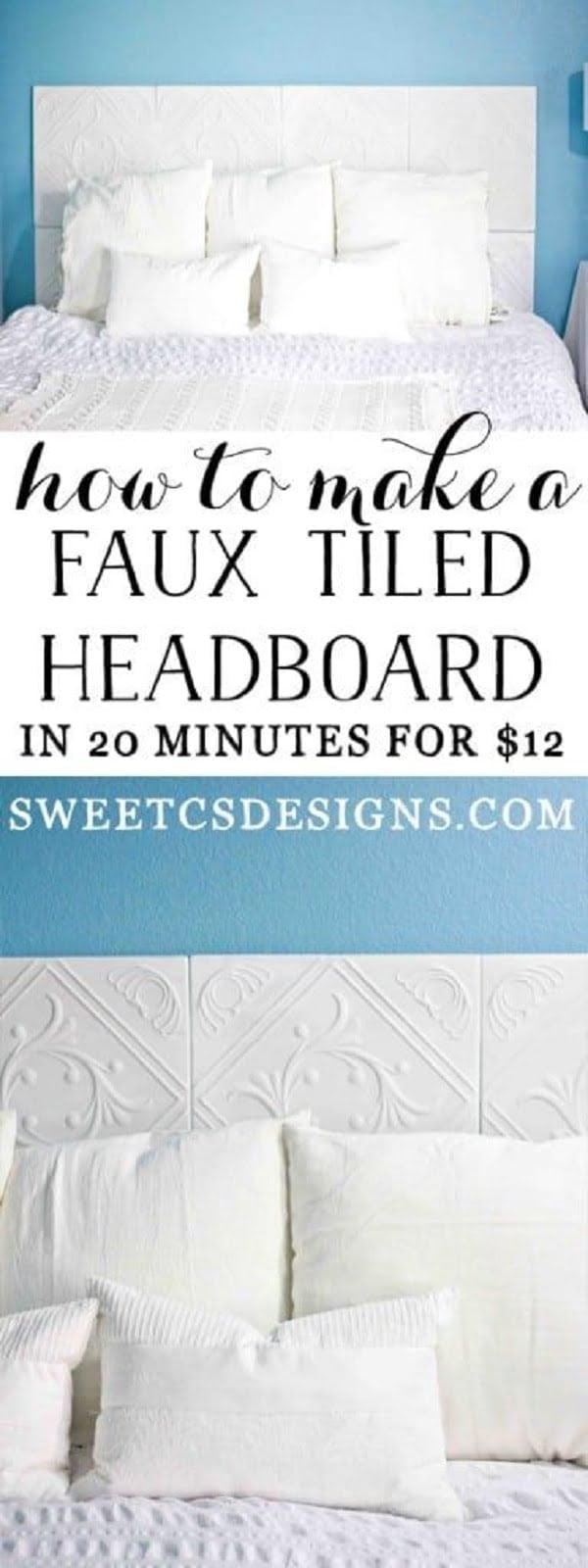 Check out this easy idea on how to make a #DIY faux tiled headboard for #renters #homedecor #project #budget