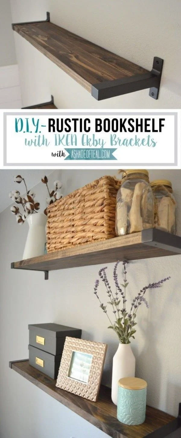 You have to see this tutorial on how to build  rustic floating shelves with IKEA brackets   