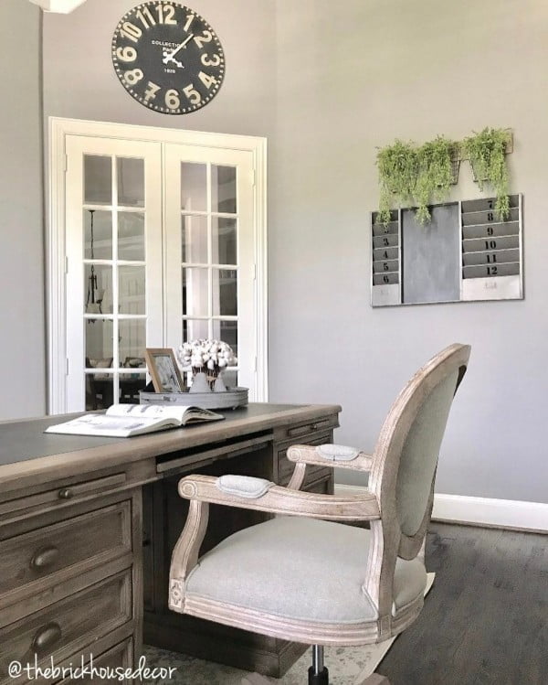 100 Charming Farmhouse Decor Ideas for Your Home Office - Check out this  style home office decor with an oversized wall clock. Love it!    