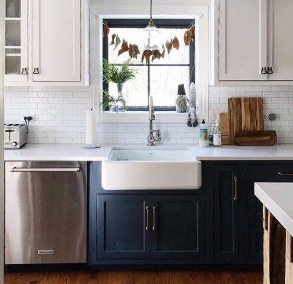 100 Stunning Farmhouse Kitchen Decor Ideas You Have to Try - Check out this   decor idea with navy blue cabinets. Love it!  