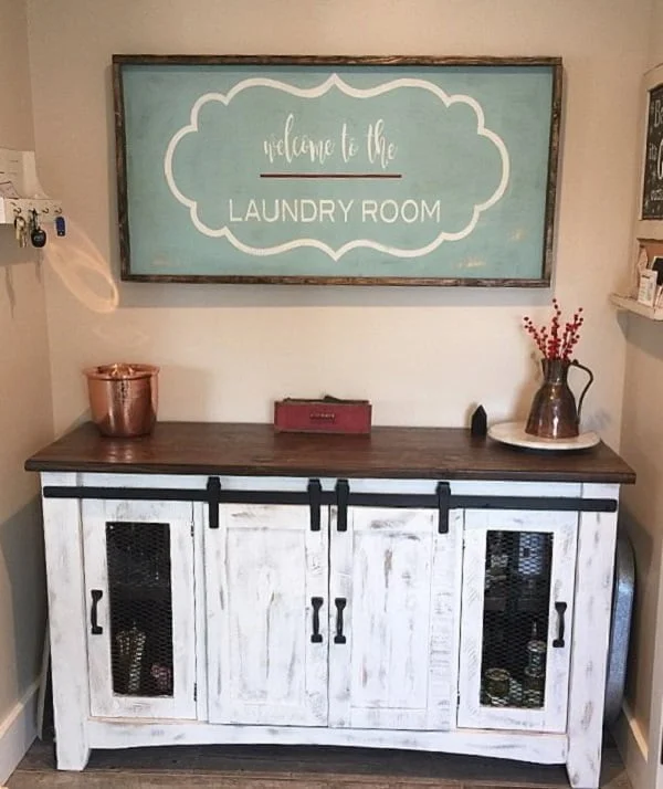 100 Fabulous Laundry Room Decor Ideas You Can Copy - Check out this laundry room decor idea with Decor sign. Love it!