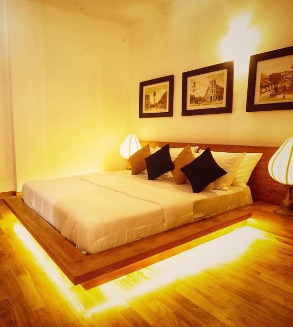 Impressive underlit floating bed design. Love it!    