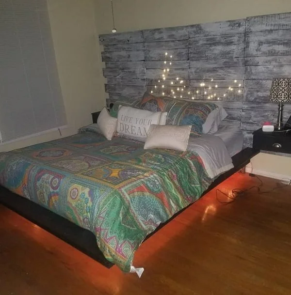 Rustic, affordable and making an impression with the underlit floating bed design    