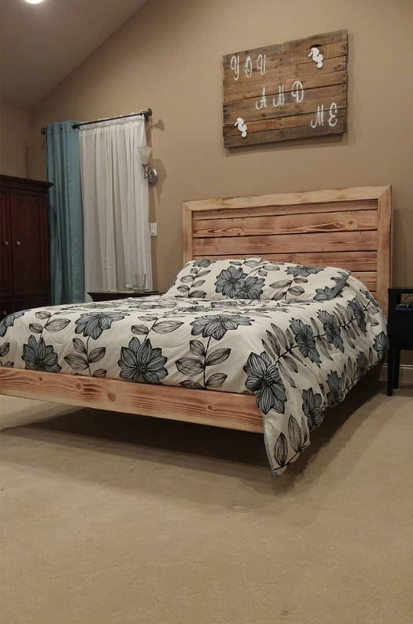 Wonderful  floating bed frame design with a full wooden headboard    
