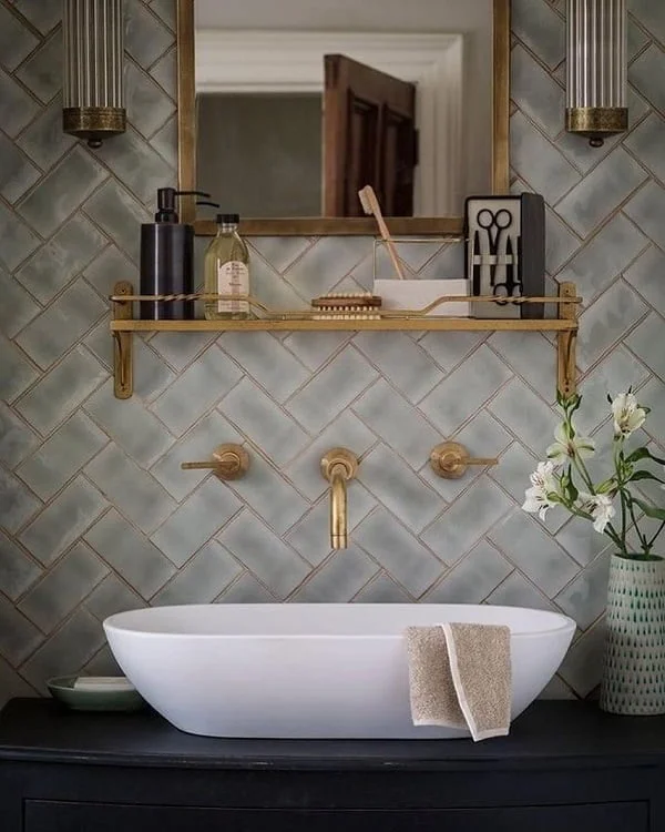 Herringbone wall tiles for awesome  decor. Love this!   