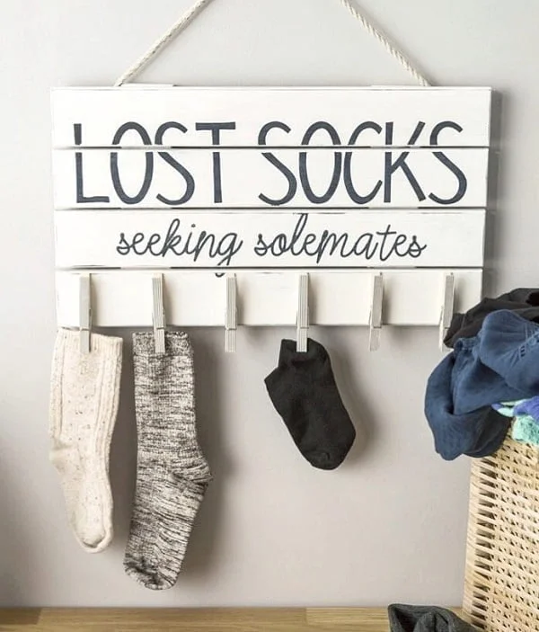 100 Fabulous Laundry Room Decor Ideas You Can Copy - Love the idea for a Lost Socks sign in laundry room decor