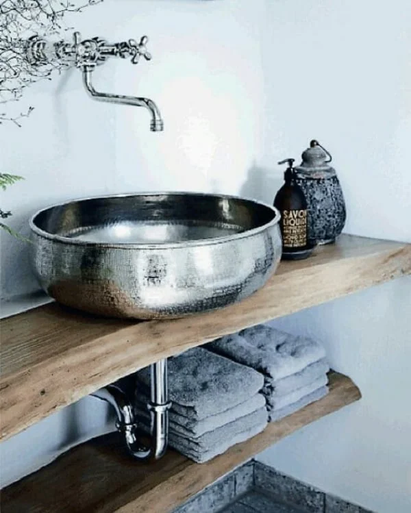 Metallic sinks and live edge vanity - such a great combination of styles. Love it!   
