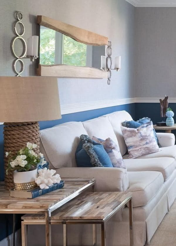 Love this rope lamp and the  coastal look of this living room  