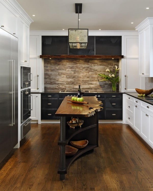 Check out this unusual kitchen design with natural wood countertops and plank backsplash. Love it!