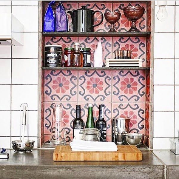 Check out this unusual kitchen design with tile backsplash shelving. Love it!