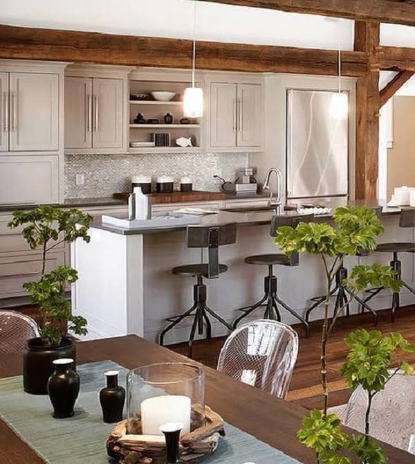 California chic decor idea with wood ceiling beams. Love it!