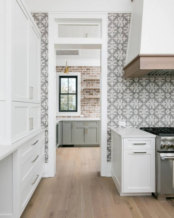 modern  kitchen decor idea with accent wallpaper. Love it!  