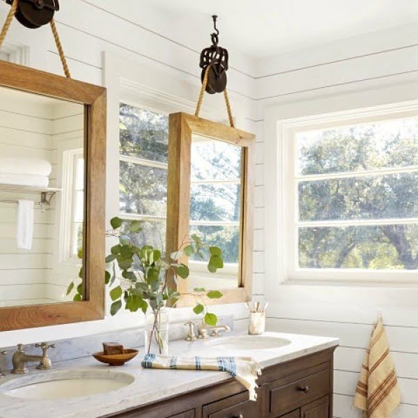 100 Cozy Rustic Farmhouse Bathroom Decor Ideas You Can Easily Copy - Check out this  bathroom decor idea with a natural stone sink and rustic mirrors. Love it!  