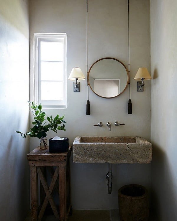 100 Cozy Rustic Farmhouse Bathroom Decor Ideas You Can Easily Copy - Check out this  bathroom decor idea with a concrete sink and pulley mirror. Love it!  