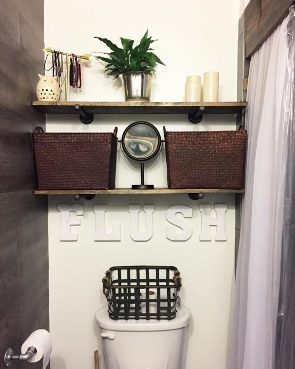 100 Cozy Rustic Farmhouse Bathroom Decor Ideas You Can Easily Copy - Check out this  bathroom decor idea with a flush wall sign and open shelving. Love it!  