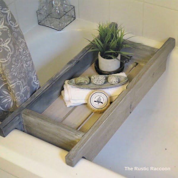 100 Cozy Rustic Farmhouse Bathroom Decor Ideas You Can Easily Copy - Check out this  bathroom decor idea with a wooden bath caddy. Love it!  