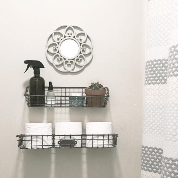 100 Cozy Rustic Farmhouse Bathroom Decor Ideas You Can Easily Copy - Check out this  bathroom decor idea with wire basket shelves. Love it!  