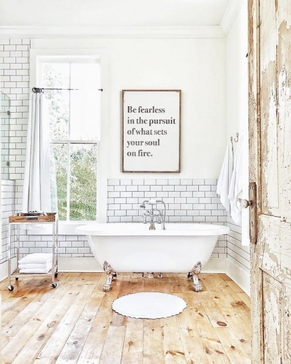 100 Cozy Rustic Farmhouse Bathroom Decor Ideas You Can Easily Copy - Check out this  bathroom decor idea with subway tile and a wall sign. Love it!  