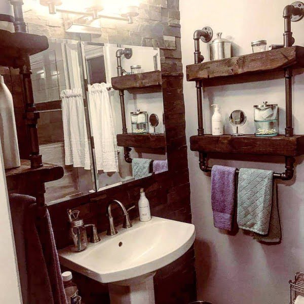 100 Cozy Rustic Farmhouse Bathroom Decor Ideas You Can Easily Copy - Check out this  bathroom decor idea with wood and piping shelves. Love it!  