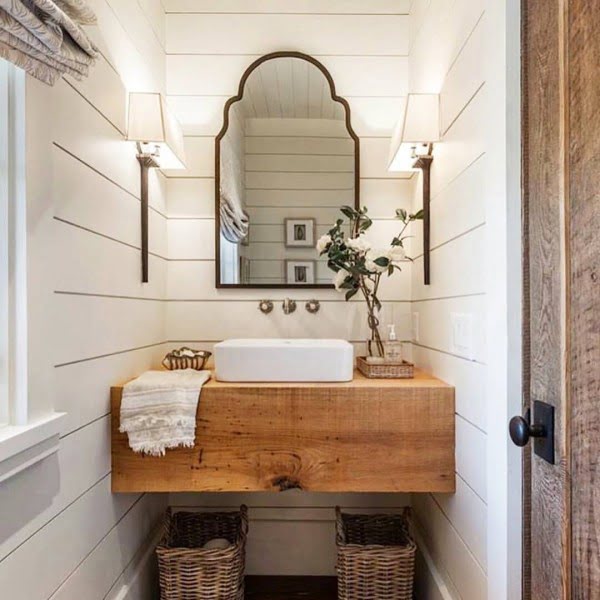 100 Cozy Rustic Farmhouse Bathroom Decor Ideas You Can Easily Copy - Check out this  bathroom decor idea with butcher block vanity and storage baskets. Love it!  