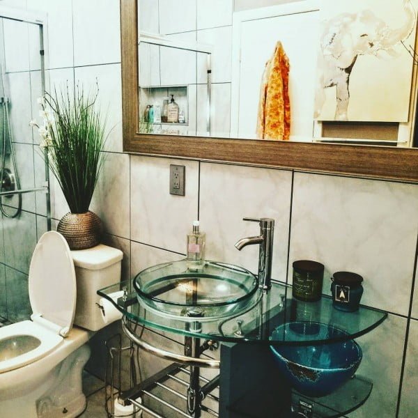 You have to see this bathroom decor idea with glass vanity and oversized mirrors that will turn your bathroom into SPA!  