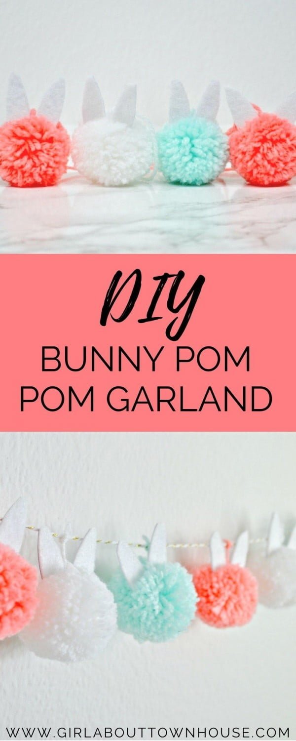 Check out this cute #Easter decor idea with pom pom #EasterBunny garland. Love it! #HomeDecorIdeas