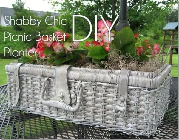 Great idea! Check out the tutorial on how to make a  shabby picnic basket garden planter 