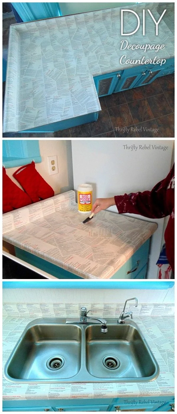 20 Easy Countertop DIY Tutorials to Revamp Your Kitchen - Check out the tutorial on how to make a  decoupage kitchen countertop. Looks easy enough!  