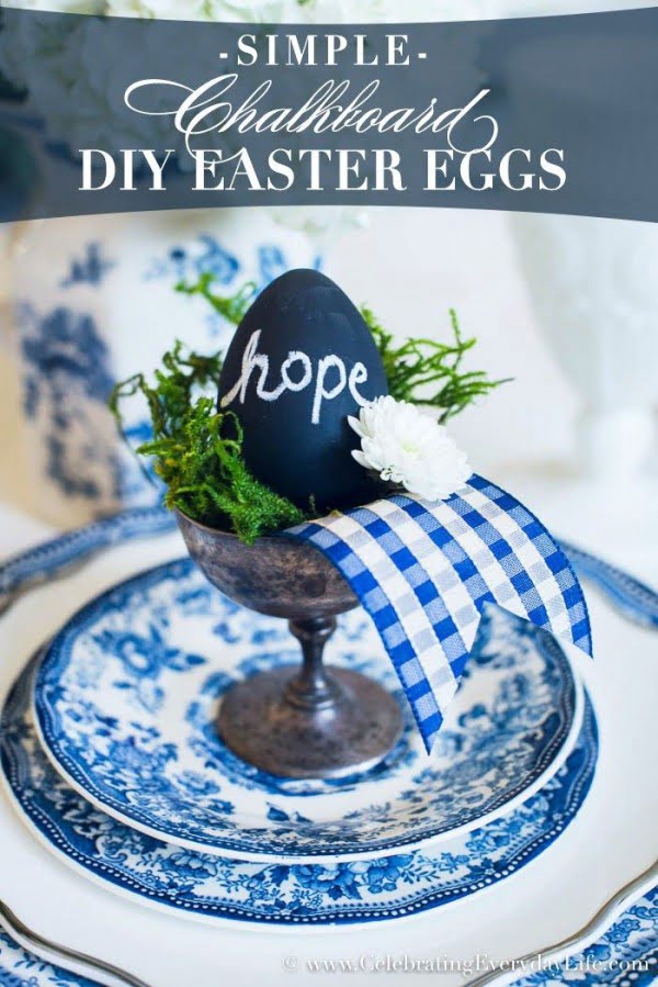 Check out this cute #Easter decor idea with chalkboard eggs. Love it! #HomeDecorIdeas