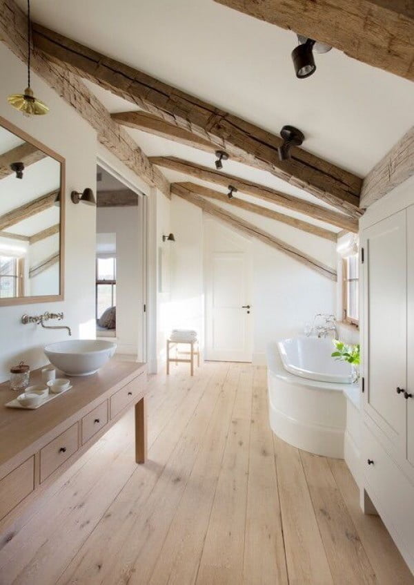  bathroom decor idea with wooden beams. Love it!  