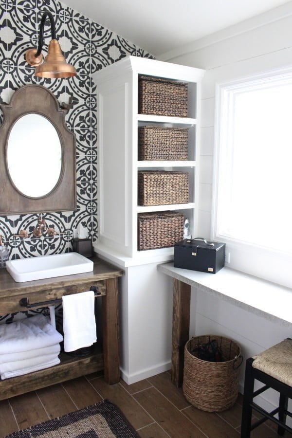  bathroom decor idea with a wooden vanity. Love it!  