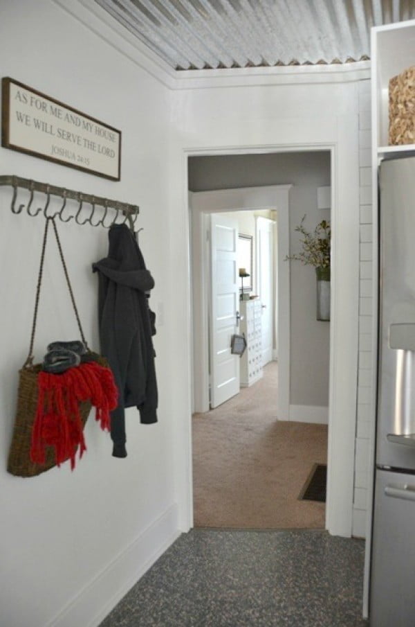  decor idea with corrugated tin ceiling. Love it!  