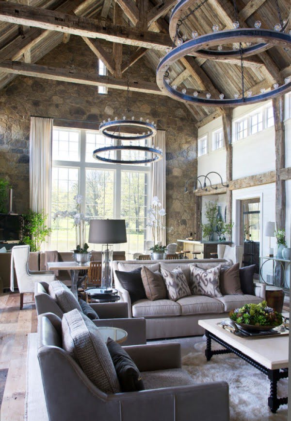 living room decor idea with exposed stone walls. Love it!
