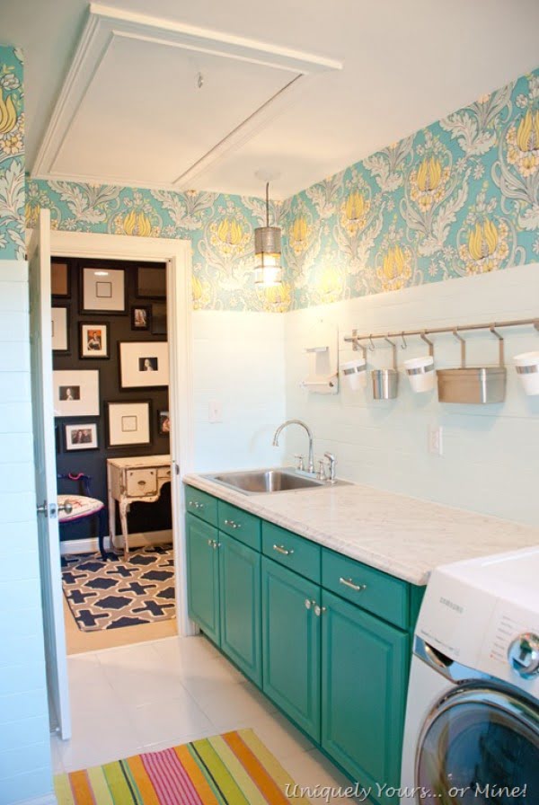 100 Fabulous Laundry Room Decor Ideas You Can Copy - You have to see this laundry room decor idea with floral accent wallpaper. Love it!