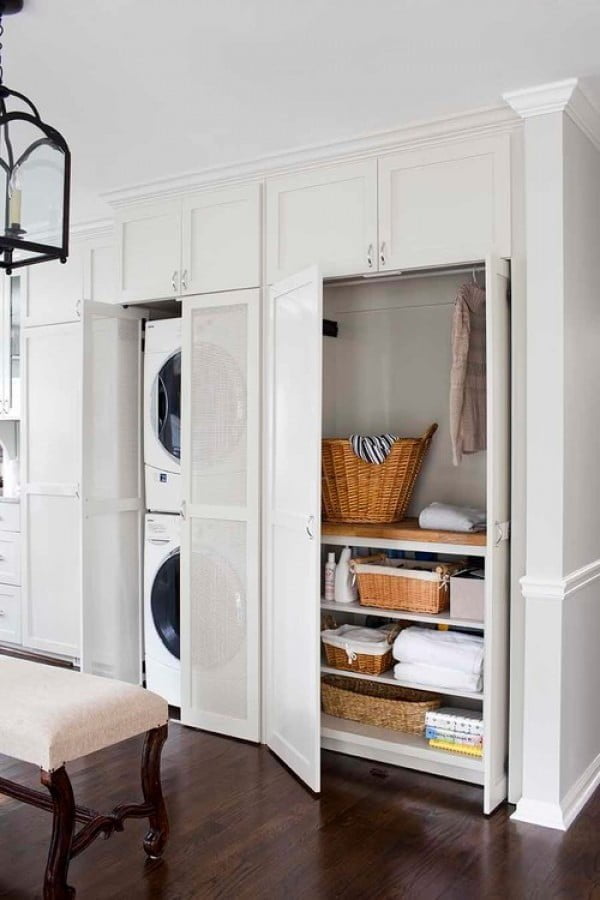 100 Fabulous Laundry Room Decor Ideas You Can Copy - You have to see this laundry room decor idea with slide door cabinets. Love it!