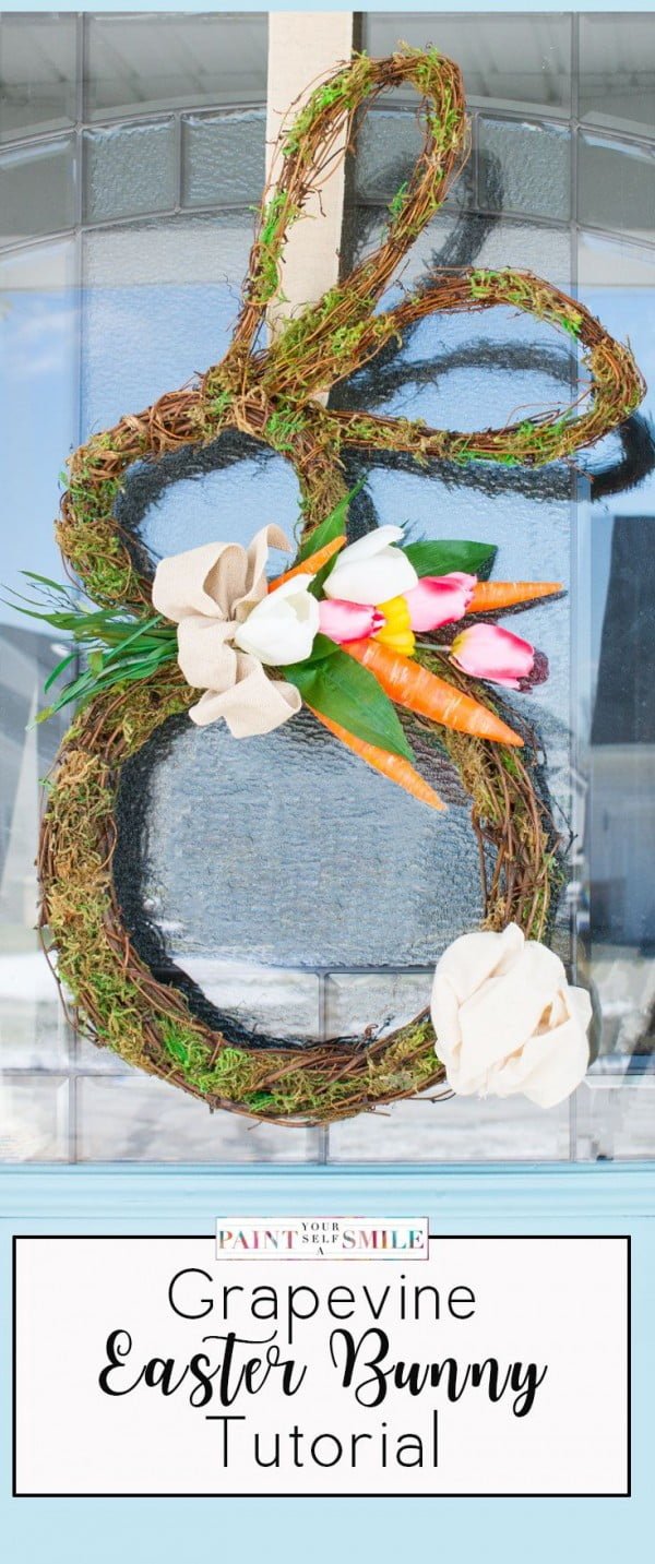 Check out this cute #Easter decor idea with a grapevine #EasterBunny wreath. Love it! #HomeDecorIdeas