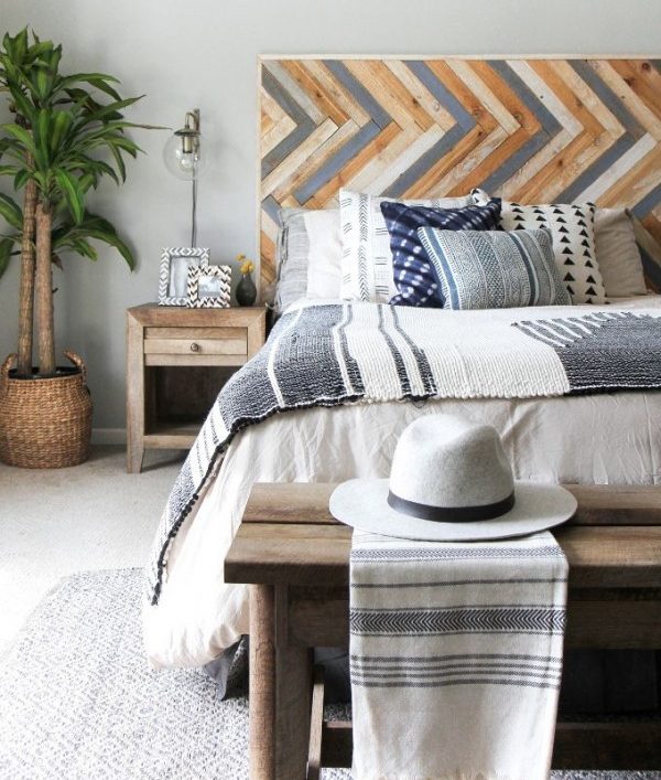 Check out this tutorial on how to make a herringbone wood headboard. Looks easy enough!