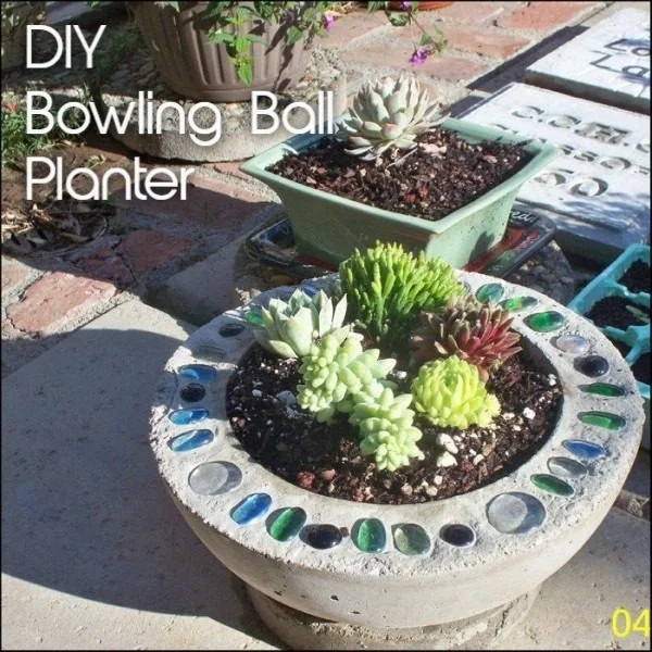 Great idea! Check out the tutorial on how to make a  bowling ball concrete garden planter 