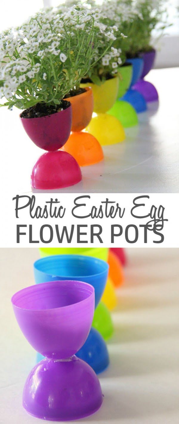 Check out this cute #Easter decor idea with plastic egg flower pots. Love it! #HomeDecorIdeas