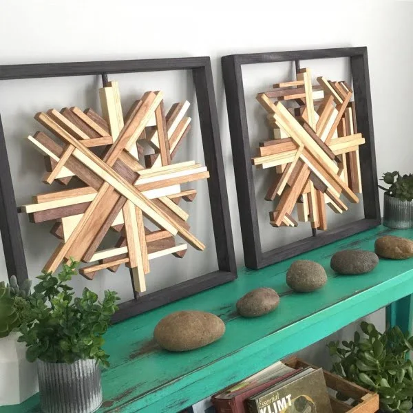 You have to see this  wall decor idea with geometric wooden art. Love it! 