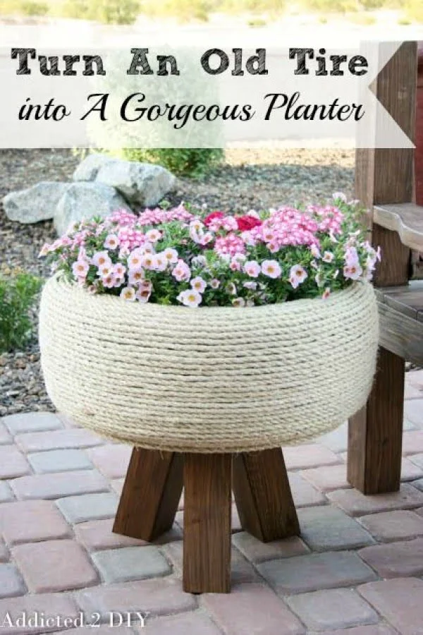 Great idea! Check out the tutorial on how to make a  tire rope garden planter 