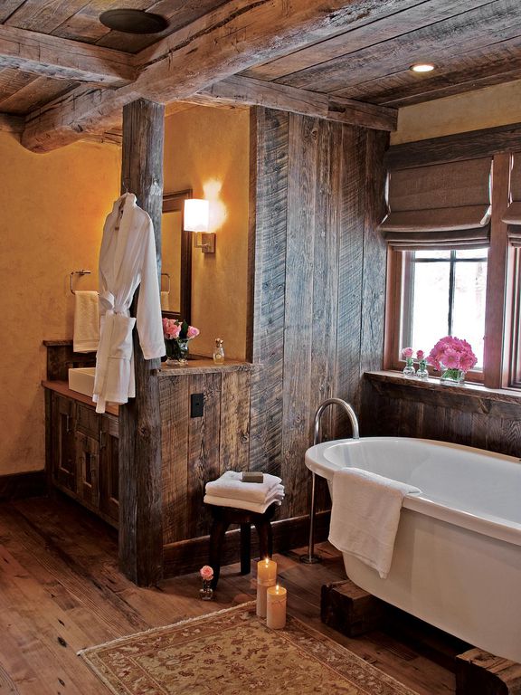 100 Cozy Rustic Farmhouse Bathroom Decor Ideas You Can Easily Copy - You have to see this bathroom decor idea with flat-panel cabinets and low wooden ceiling. Love it!  