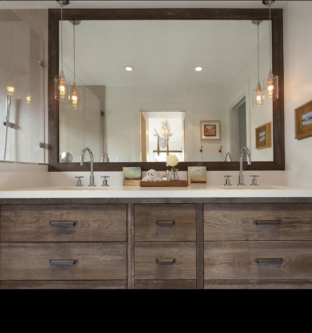 100 Cozy Rustic Farmhouse Bathroom Decor Ideas You Can Easily Copy - You have to see this bathroom decor idea with double metal taps and plenty of storage room. Love it!  