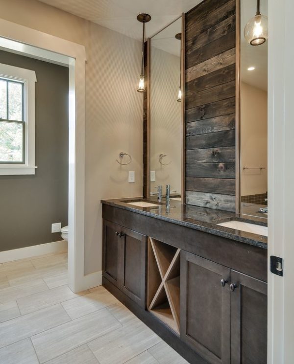 100 Cozy Rustic Farmhouse Bathroom Decor Ideas You Can Easily Copy - You have to see this bathroom decor idea with granit counters and a double sink installment. Love it!  